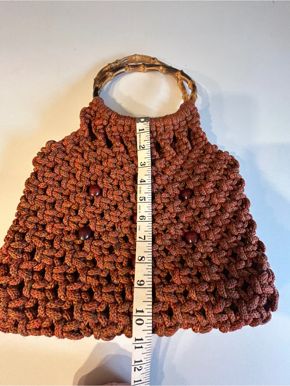 Handmade‎ Crochet Bamboo Handle Handbag Boho Rustic Purse Brown Wood Bead Accent